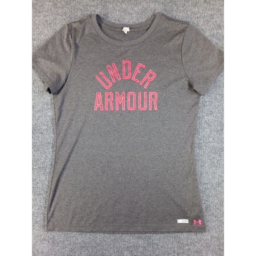 Under Armour Women's Medium Gray Pink Logo Short Sleeve Athletic T Shirt Tee